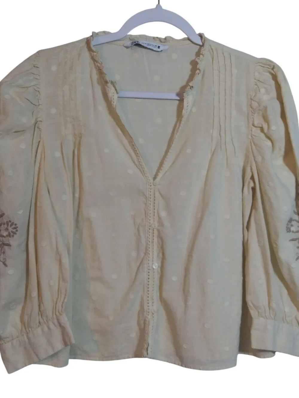 Zara Tan Dot-Pattern V-Neck Button Balloon Embroidered Sleeve Blouse Size Small